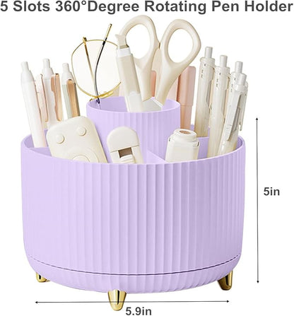 Pencil Pen Holder 5 Slots 360°Degree Rotating Pen Organizers for Desk Desktop Storage Stationery Supplies Cute Pencil Cup Pot Kids Desk Organizer for Office Home School（Purple 2）
