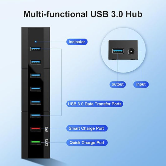 Powered USB 3.0 Hub, RAOYI 8 Ports High Speed USB 3.0 Hub Splitter with 36W Power Adapter, 3.3ft Cable and Smart Fast Charger USB Hub for for Laptop, PC, Mac, Mobile HDD, Mulitple Devices (Black)