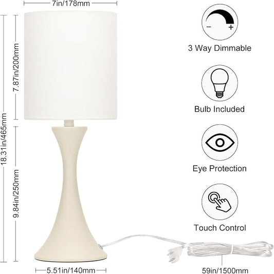 Seaside village Dimmable Bedside Lamp, 3 Way Touch Control Table Lamp, Modern Nightstand Lamp with Beige Shade and Cream Base, Small Desk Lamp for Living Room, Dorm, Home Office, 9W LED Bulb Included