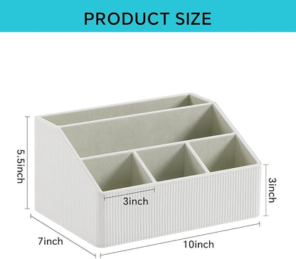 Desk Organizer Caddy with 5 Compartments for Office Art Supplies, PU Leather Nightstand Organizer Pencil Pen Desk Caddy for Home, Desktop TV Remote Control Holder Storage (Striped Ivory)