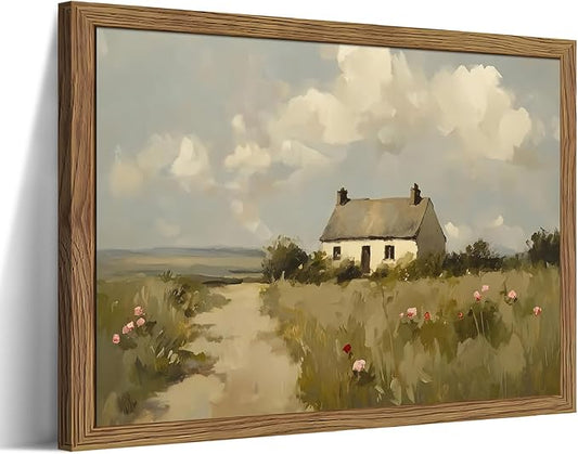 Vintage Wall Art, Framed English Countryside Cottage Painting Print, Country Farmhouse Canvas Wall Art, Rustic Landscape Pictures Artwork Wall Decor for Bedroom Living Room – 12x16 inch