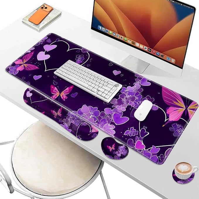 Desk Pad and Keyboard Wrist Rest, Large Mouse Pad + Keyboard Pad+Mouse Wrist Support, Non-Slip Desk Mat Protector for Office, Home 31.5×11.8 Inches Purple Butterfly