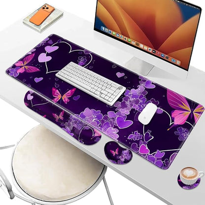 Desk Pad and Keyboard Wrist Rest, Large Mouse Pad + Keyboard Pad+Mouse Wrist Support, Non-Slip Desk Mat Protector for Office, Home 31.5×11.8 Inches Purple Butterfly