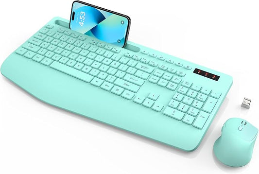 SABLUTE Wireless Keyboard and Mouse, Wrist Rest, Phone Holder, Battery Powered, 2.4G Lag-Free Ergonomic Keyboards Mouse Combo, KM23D Silent Keyboards Set for PC, Laptop, PC, Windows, Mint Green