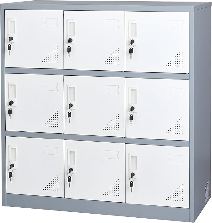 VEVOR 9 Doors Metal Locker for Employees, Steel Locking Storage Cabinet with Card Slot and Ventilation, 2 Keys for Each Door, Employee Lockers for Office, School, Gym, Home, Easy Assembly, Gray