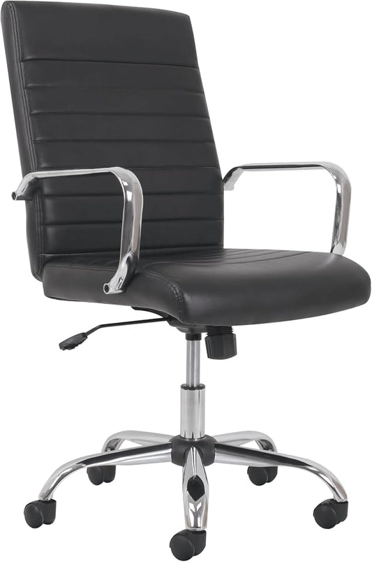HON Sadie Executive Ergonomic Office Chair with Leather Upholstery, Chrome Arms and Back Support, Mid Back Desk and Computer Chair for Home Office or Conference Room, 360 Swivel, Black
