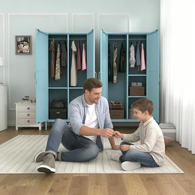 67" Metal Wardrobe Cabinet with Lock,Multi-Functional Locker with Adjustable Shelves and Hanging Rod,2 Door Storage Cabinet for Home, Bedroom,Cloak Room, Office Blue