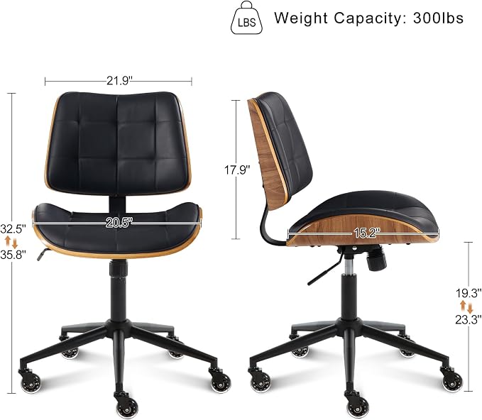 BV Armless Office Chair with Rubber Wheels, 360° Swivel Adjustable Task Chair, PU Leather Rolling Desk Chair for Home Office, Study and Conference Room, Black