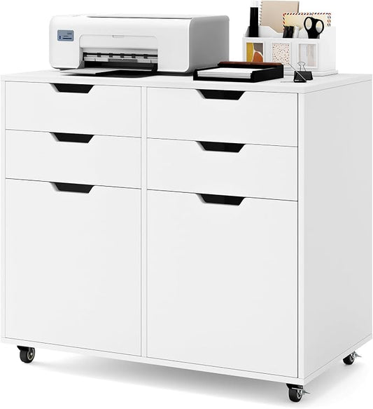 LOKO Mobile File Cabinet with 4 Drawers, Rolling Under-Desk Filing Cabinet, Wooden Chest of Drawers with Universal Wheels, Modern Printer Stand for Home Office Organization and Storage (White)