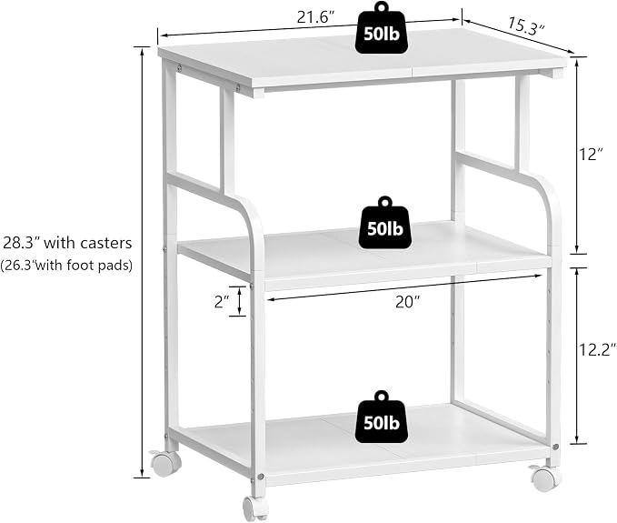 3-Tier Large Printer Stand with Storage, Rolling Printer Cart with Lockable Wheels for Home, Office (White)