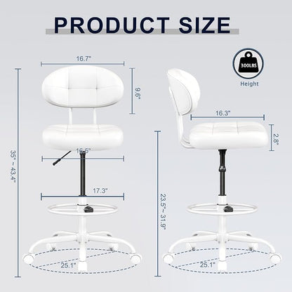 Misolant Drafting Chair, Armless Tall Office Chair with Footrest Ring for Standing Desk, Small Faux Leather Executive Computer Chair with Adjustable Height for Bar Lab Counter Height Desk, White