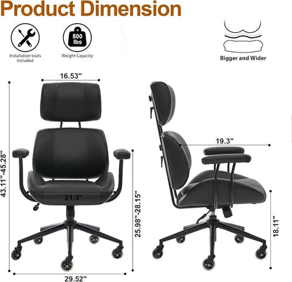 E-Motie Ergonomic Leather Office Chair, Computer Desk Chair, Black | Adjustable Headrest, 360° Swivel & Rolling Wheels, Lumbar Support, Padded Arms, High Back, for Long Hours Sitting