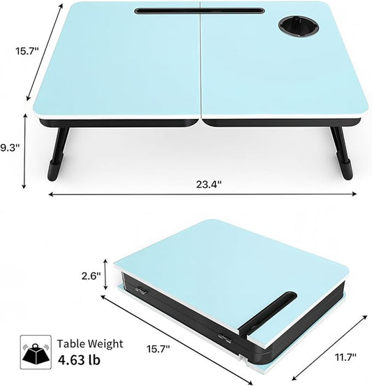 BUYIFY Foldable Laptop Bed Desk for Couch, Sofa - Large Lap Desk Tray Table with Cup Holder and Tablet Slot - Portable Notebook Stand for Eating, Writing, Studying and WFH (Blue)-USA Original Patent