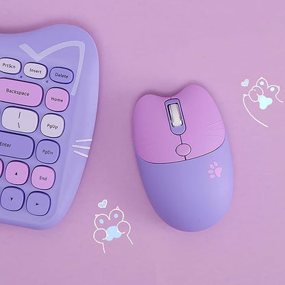 Cute Cat 2.4G USB Wireless Keyboard and Mouse Combo, Silent Keys, Candy Colors, Compatible with Notebook, PC (Purple-84Keys)
