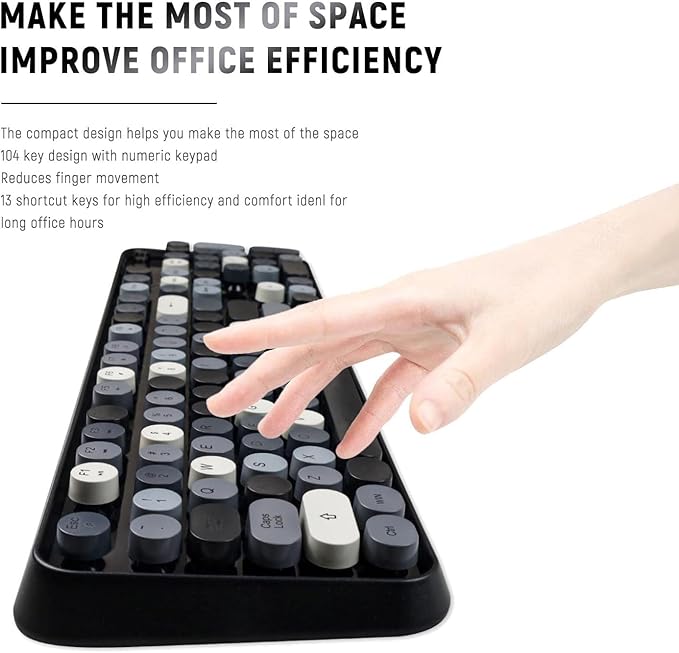 Wireless Keyboard and Mouse Combo, Retro Typewriter Style Round Key Keyboard, 2.4GHz Wireless Full Size Keyboard with Number Pad for Long Nails PC Laptop Desktop- Black Grey