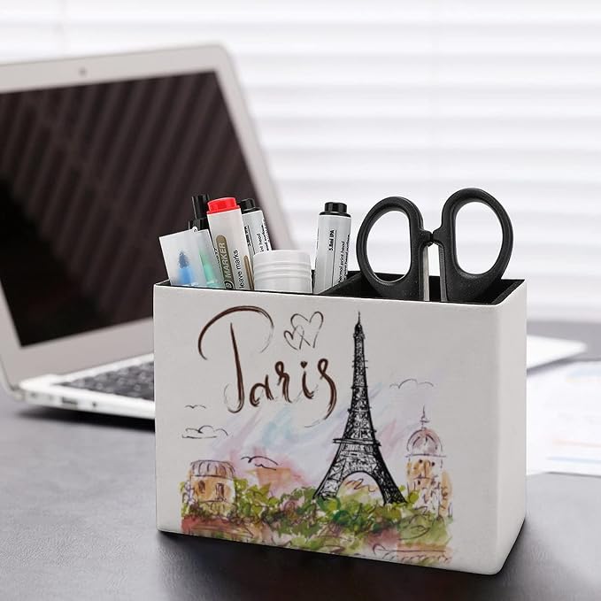 Niapessel Pencil Holder for Desk, Paris Eiffel Tower Pen Holder Storage Desktop Pen Organizer Desk Pencil Organizer Makeup Brush Holder for Office School College Leather