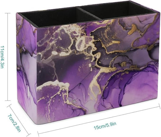Niapessel Pencil Holder for Desk, Purple Golden Marble Pen Holder Storage Desktop Pen Organizer Desk Pencil Organizer Makeup Brush Holder for Office School College Leather