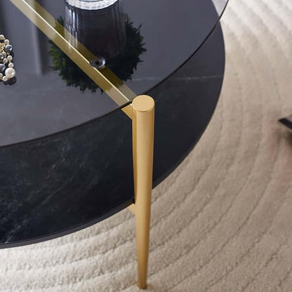 LumFurn Round Coffee Table for Living Room, Mid-Century Modern Design, D30 x H17, 2-Tier Structure, Grey Glass Top and Black Marble Finish Wood Shelf, Sleek Conical Metal Legs with Gold Finish Frame
