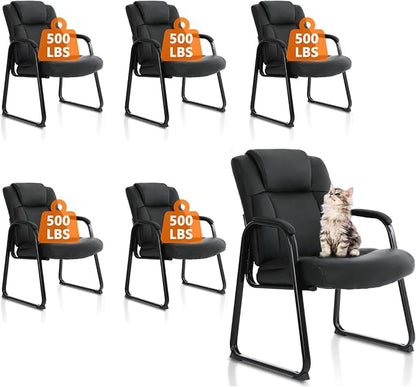 CLATINA Big & Tall 500 lb. Guest Chair, Leather Reception Chairs with Sled Base and Padded Arm Rest for Waiting Room Office Home and Meeting Conference-Black (6 Pack)