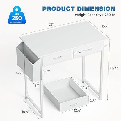 OLIXIS 32 Inch Small Desk with Fabric Drawers for Home Office, Gaming Computer Desk with Side Bag & Headphone Hook, Writing Study Work Table for Bedroom Small Space, Natural White