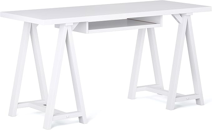 SIMPLIHOME Sawhorse Desk - 60 Inch Wide Solid Wood Writing Desk in White, Modern Industrial Home Office Computer Table for Workspace or Study with Sturdy Sawhorse Base and Integrated Keyboard Tray