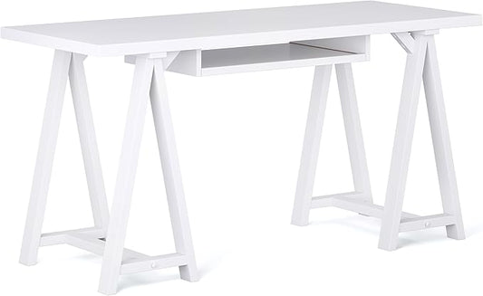 SIMPLIHOME Sawhorse Desk - 60 Inch Wide Solid Wood Writing Desk in White, Modern Industrial Home Office Computer Table for Workspace or Study with Sturdy Sawhorse Base and Integrated Keyboard Tray