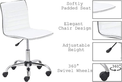 BTEXPERT Set of 2,Swivel Leather Soft Upholstery Office Mid Back Armless Ribbed Designer Task Chair, White (5029W-2)