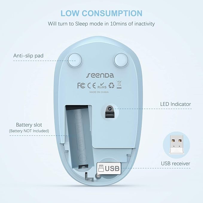 Wireless Mouse, 2.4G Noiseless Mouse with USB Receiver - seenda Portable Computer Mice for PC, Tablet, Laptop with Windows System (Light Blue)