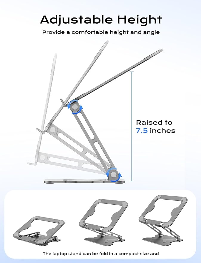 JCZT Adjustable Laptop Stand for Desk, Metal Foldable Laptop Riser, Portable Laptop Holder Mount, Ventilated Cooling Computer Notebook Stand for MacBook Air Pro, All 10-16'' Notebooks Laptops Grey