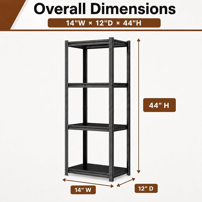 4 Tier Metal Bookshelf, Adjustable Tall Bookcase, Heavy Duty 2400 LBS Modern Deep Book Shelf, Bolt-Free Storage Shelves for Living Room, Home Office, Garage, 14" Wx 12" Dx 44" H