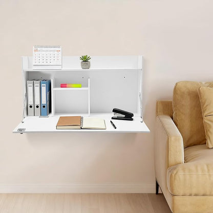 Wall Mounted Desk Multifunctional Fold Down Laptop Computer Table Writing Workstation with Storage Compartments Space Saving for Home Office (White)