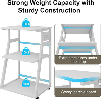 Natwind 19.7"x15.7" Printer Stand,3 Tier Printer Table with Charging Station, Rolling Cart with Adjustable Storage Shelf for Home Office Organization, Stand for Heat Press,3D Printer (White)