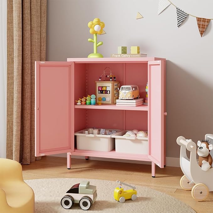 Metal Accent Storage Cabinet for Home,LivingRoom, Office,Kitchen- Metal Locker Cabinet with 1 Adjustable Shelves-Bathroom Floor Storage Cabinet Freestanding Organizer(Square Door, Pink)