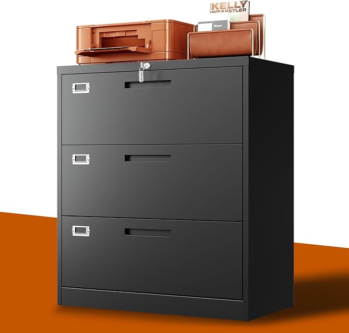 BYNSOE Lateral File Cabinet with Lock,Metal Filing Cabinet with 3 Drawer,Steel Lateral File Cabinet for Legal/Letter A4 Size,Wide File Cabinet for Office Home,Assembly Required