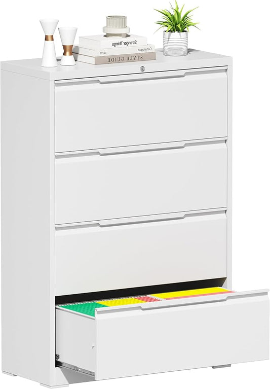 Bestoo 4 Drawer Lateral File Cabinet with Lock Heavy Duty Large Metal Filing Cabinet Home Office Cabinets Wide Steel Cabinets for Legal/Letter Size, White Assembly Required