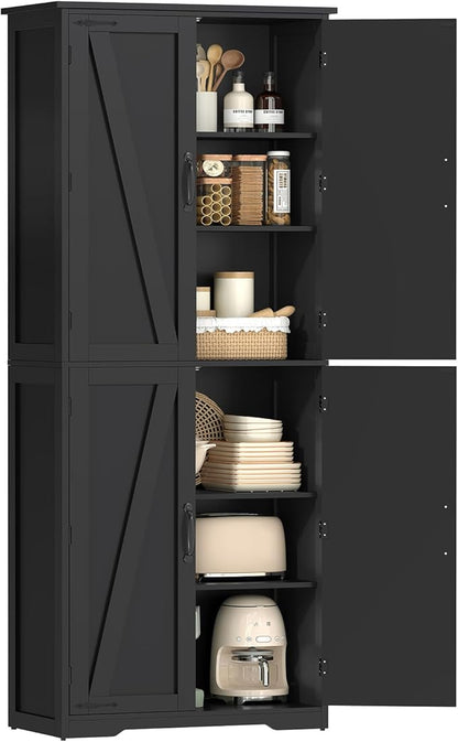 TEENFON Tall Storage Cabinet, Kitchen Cabinet with 4 Shelves, Adjustable Shelves, Pantry Cabinets with 4 Barn Doors, Tall Kitchen Cabinets for Dining Room, Living Room, Black