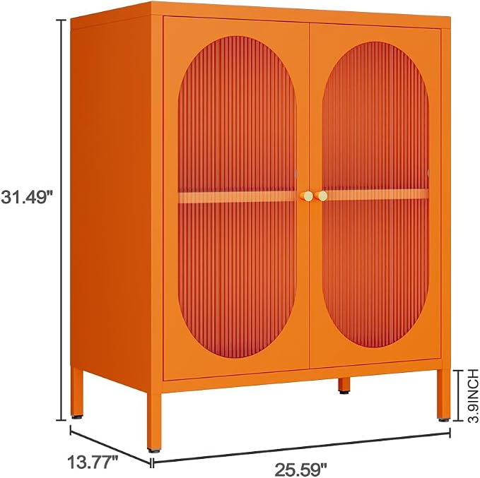 2 Translucent Door Metal Accent Storage Cabinet for Home,Office Room,Kitchen-Metal Locker Cabinet with 1 Adjustable Shelves-2-Tier (Translucent Door Cabinet, Orange)