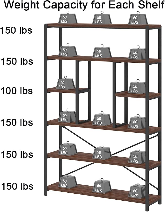 LVB 6 Tier Tall Bookshelf, Wood Metal Bookcases and Book Shelves 6 Shelf, Industrial Large Wide Etagere Book Shelf for Living Room, Vintage Rustic Big Open Bookcase Storage for Bedroom Office, Walnut