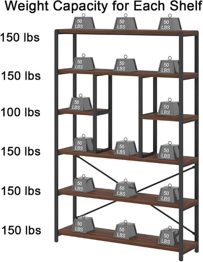 LVB 6 Tier Tall Bookshelf, Wood Metal Bookcases and Book Shelves 6 Shelf, Industrial Large Wide Etagere Book Shelf for Living Room, Vintage Rustic Big Open Bookcase Storage for Bedroom Office, Walnut