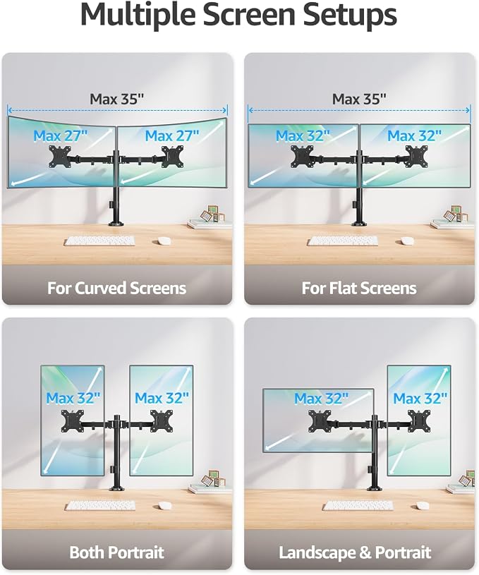 MOUNTUP Dual Monitor Desk Mount, Max 32 Inch up to 17.6lbs, Fully Adjustable Dual Monitor Arm for 2 LCD Screens, Double Monitor Stand with C-Clamp and Grommet Base