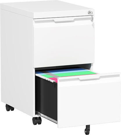 2 Drawer File Cabinet with Lock,Small Filing Cabinet for Home Office,Rolling Metal File Cabinets with Wheels for Letters/Legal/A4 Size, Assembly Required,White