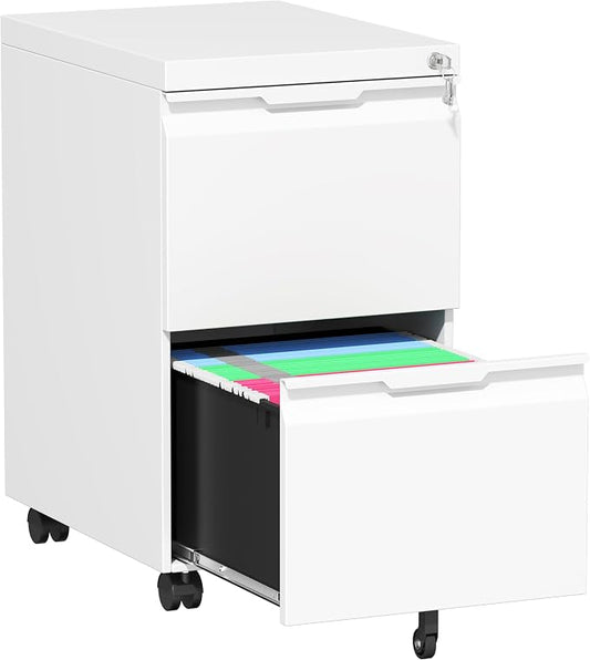 2 Drawer File Cabinet with Lock,Small Filing Cabinet for Home Office,Rolling Metal File Cabinets with Wheels for Letters/Legal/A4 Size, Assembly Required,White