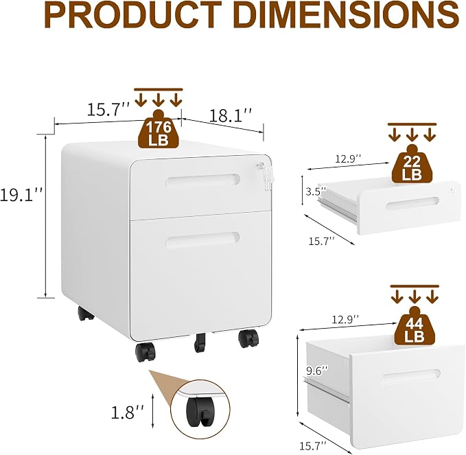 File Cabinet, Mobile Filing Cabinet with Lock, All Steel Structure Printer Stand, Fully Assembled Except Casters, Under Desk Storage for Home Office, 2 Drawers Document Organizer, White