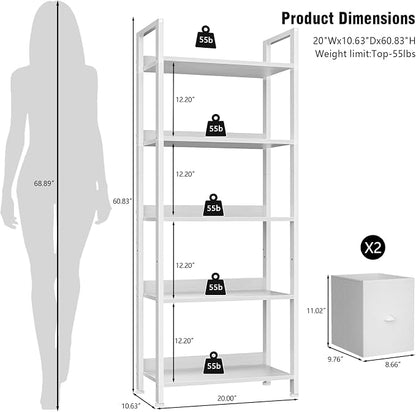 Furologee 5 Tier Bookshelf with Drawers, White Tall Bookcase with Shelves, Wood and Metal Bookshelves Storage Organizer, Modern Display Free Standing Shelf Unit for Bedroom, Living Room, Office