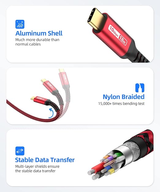 SUNGUY 10Gbps Android Auto USB C Cable,3A USB 3.1 Gen 2 Fast Charge & Data Transfer CarPlay Cable, for iPhone 17/16/15 Pro Max, Samsung T7, Galaxy S23 S22 Ultra Note 20, SSD- Red 1.5FT [5-Pack]
