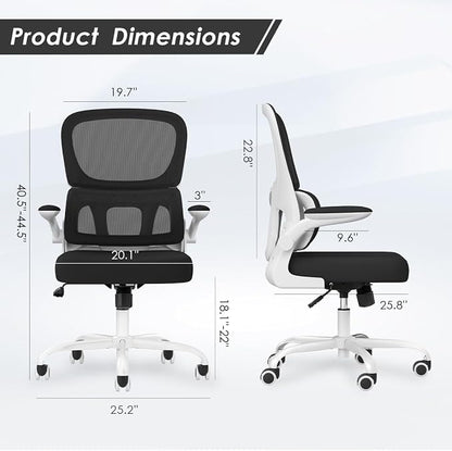 Soohow Office Chair, Mesh Ergonomic Office Chair with Lumbar Support, Comfy Swivel Computer Desk Chair with Flip Armrest Rolling Wheels for Home Study Room Office, White & Black