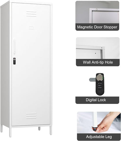 Steehoom Metal Locker Cabinet with Lock, Lockable Steel File Locker with Door and 3 Adjustable Narrow Storage Cabinet Shelves for Living Room, School, Pantry, Garage, Office (White, H59.06'')