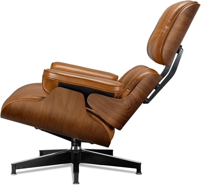 Mid Century Chaise Lounge Chair with Ottoman, Luxury Oil-Waxed Leather Reading Chair, Modern Chair Classic Design, Heavy Duty Base Support for Living Room Study Lounge Office Walnut Light Brown