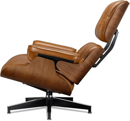 Mid Century Chaise Lounge Chair with Ottoman, Luxury Oil-Waxed Leather Reading Chair, Modern Chair Classic Design, Heavy Duty Base Support for Living Room Study Lounge Office Walnut Light Brown