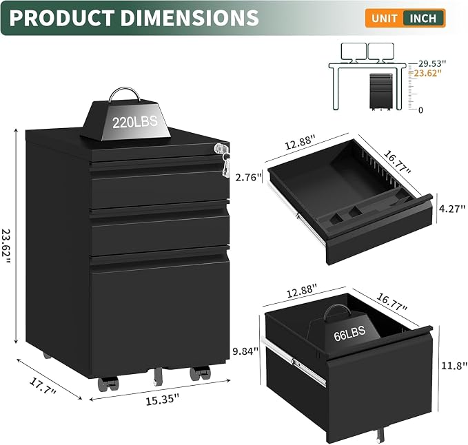 3 Drawer File Cabinet with Lock,Under Desk Filing Cabinet for Home Office Storage Letter/Legal/A4,Mobile Steel Cabinets with Wheels,Fully Assembled,Black